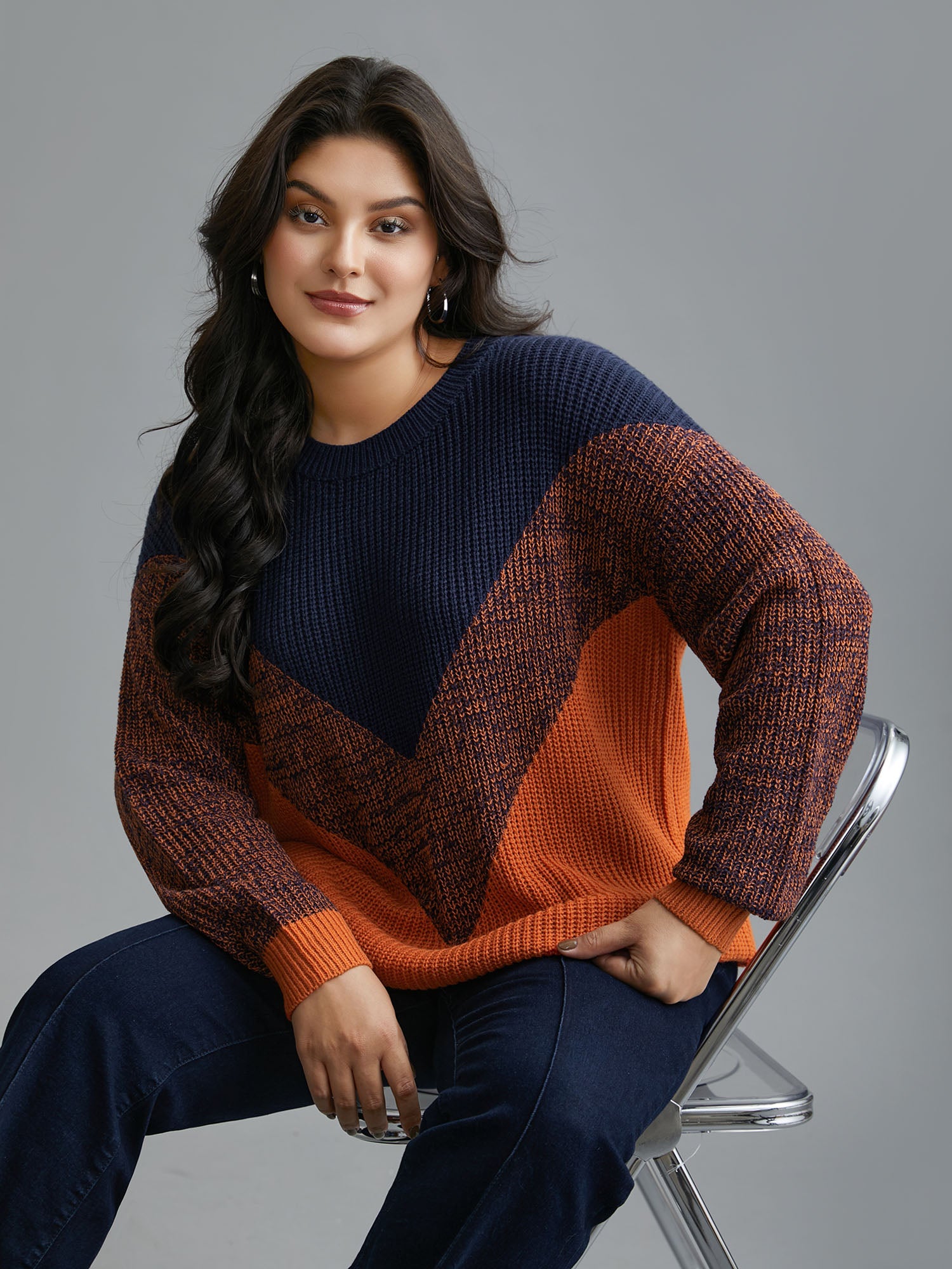 Textured Balloon Sleeves Color Block Pullover