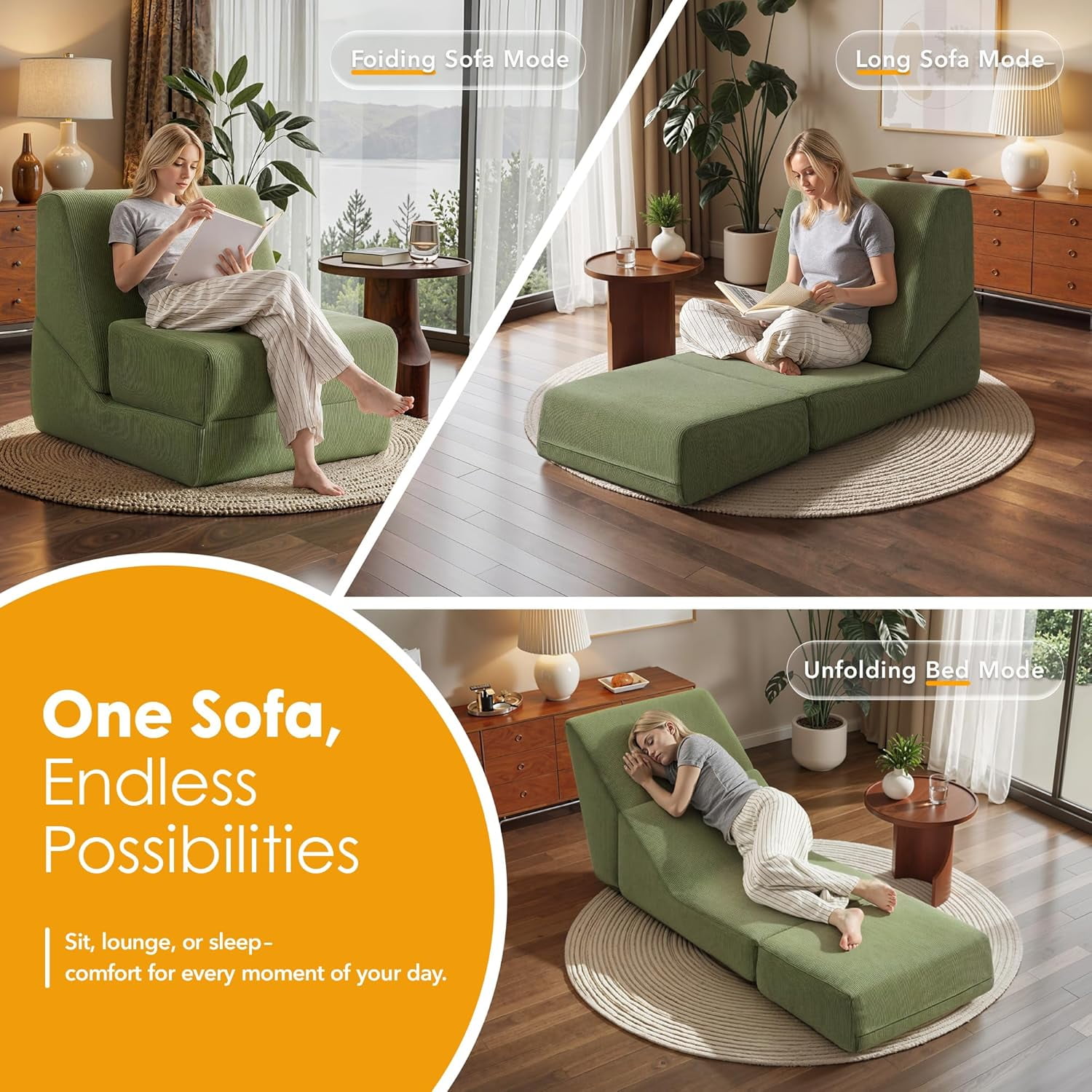 Folding Sofa Bed, 3 in 1 Convertible Sleeper Chair, Floor Couch with Back Support, Single Chair Bed for Living Room