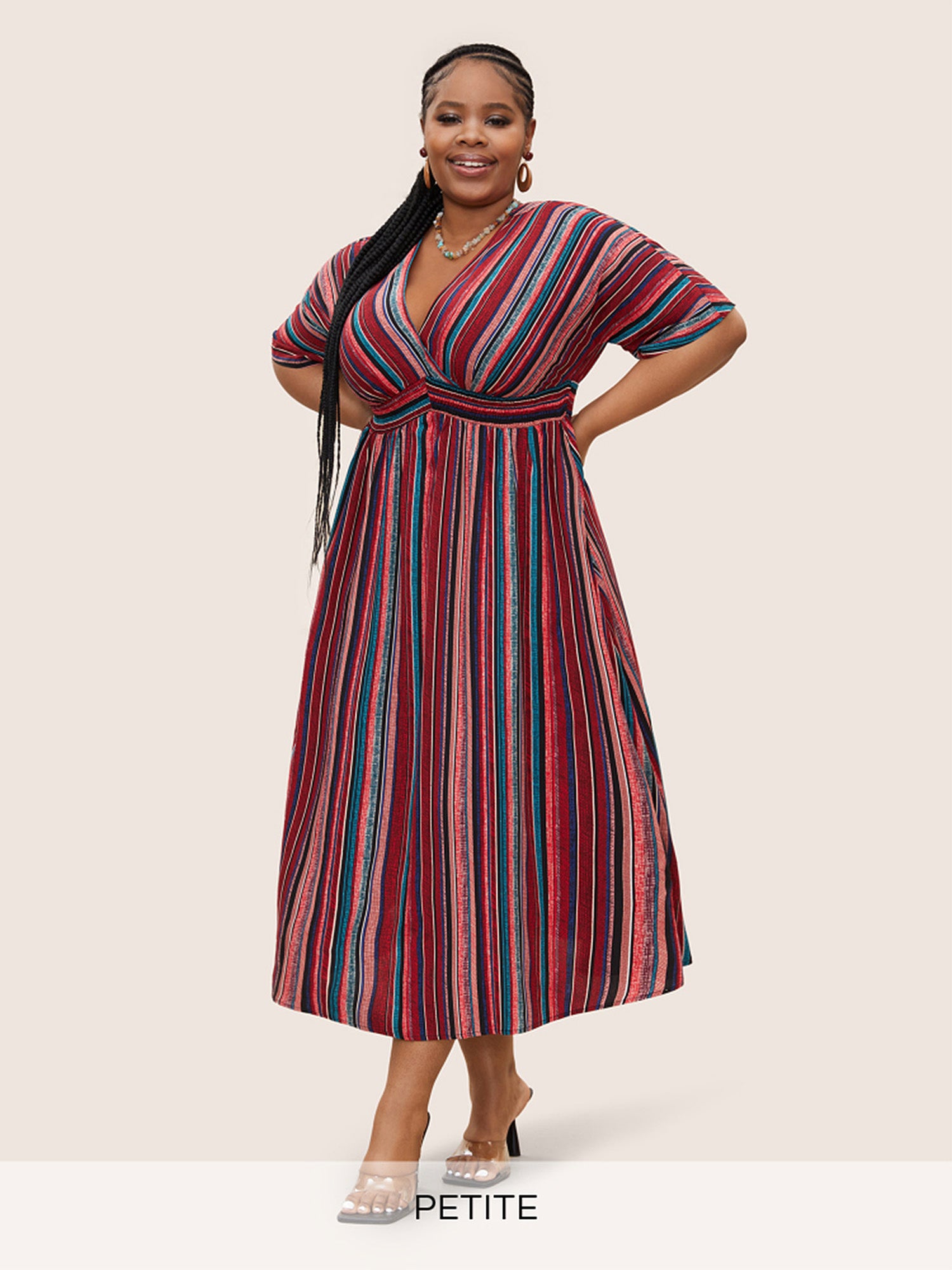 Striped Contrast Dolman Sleeve Shirred Pocket Split Flutter Dress