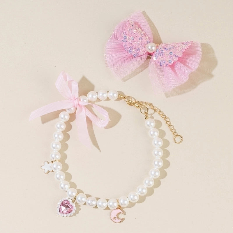 Sweet Metal Abs Bead Polyester Heart Shape Pet Accessories