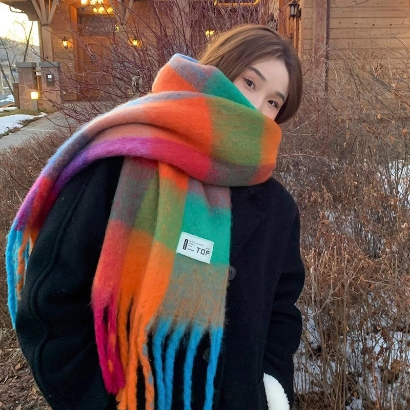 High-value Rainbow Color-block Plaid Lined Thickened Scarf Women's Winter Mohair Plaid Cashmere Warm Shawl
