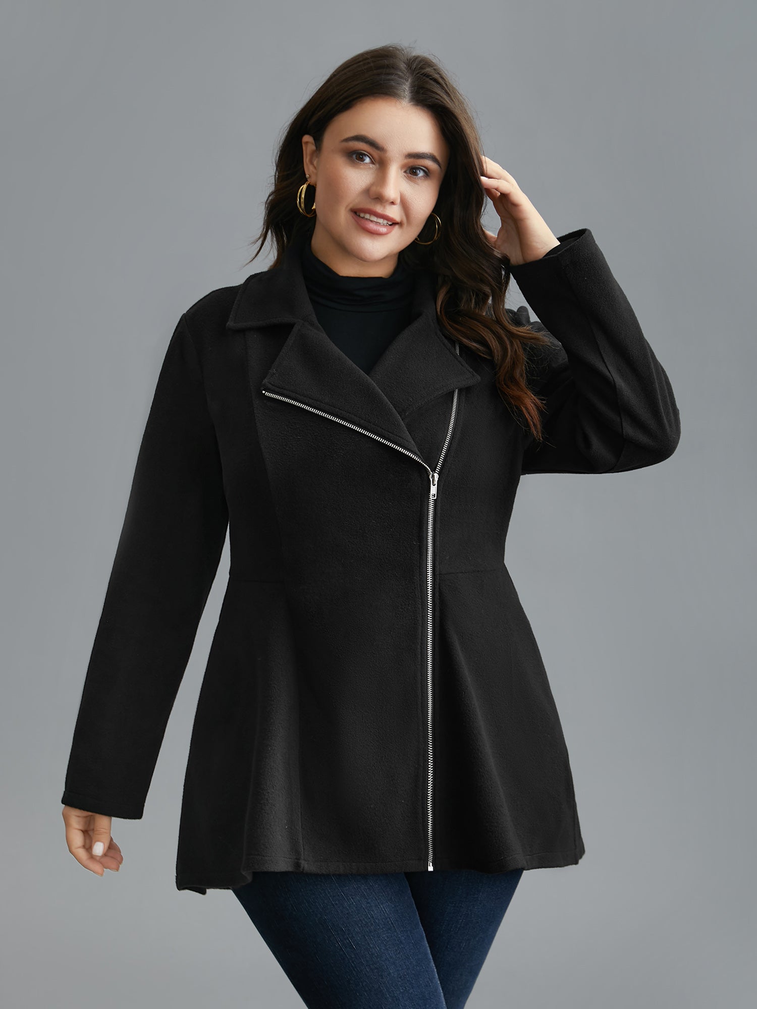 Curved Hem Zipper Placket Pockets Coat