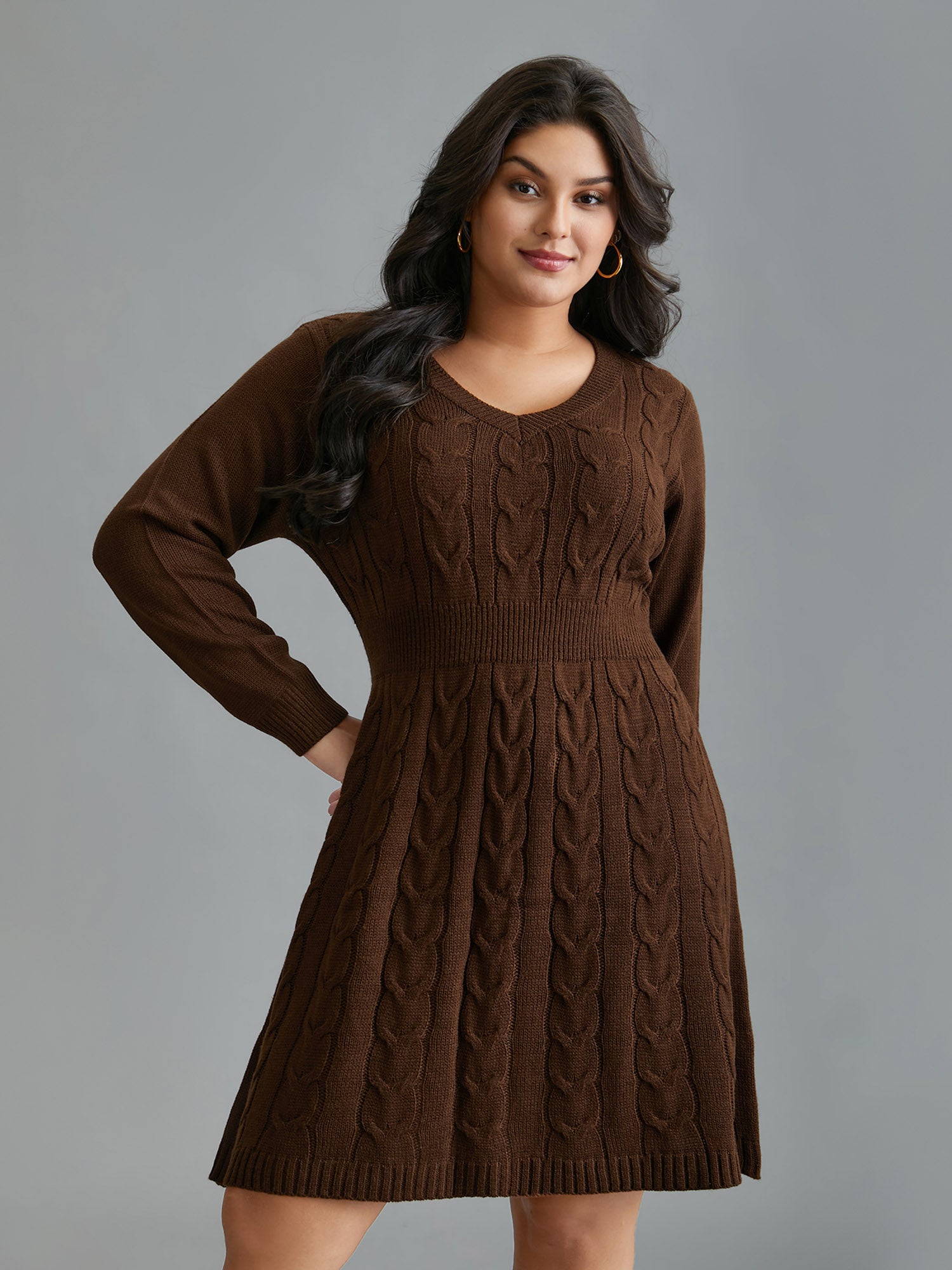 Textured Cable Knit V-Neck Midi Sweater Dress