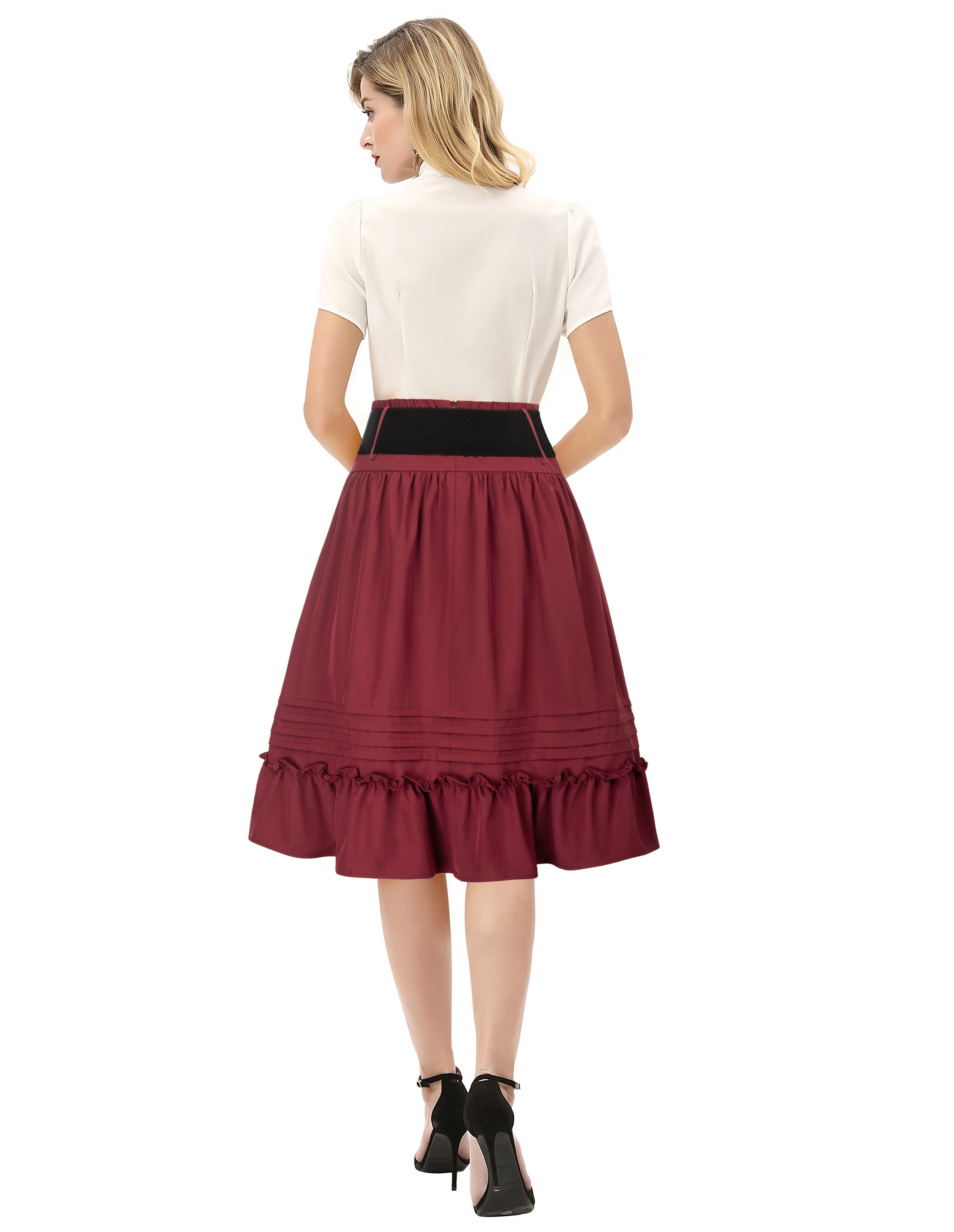 Belt Decorated Skirt Elastic High Waist Tiered  A-Line Skirt