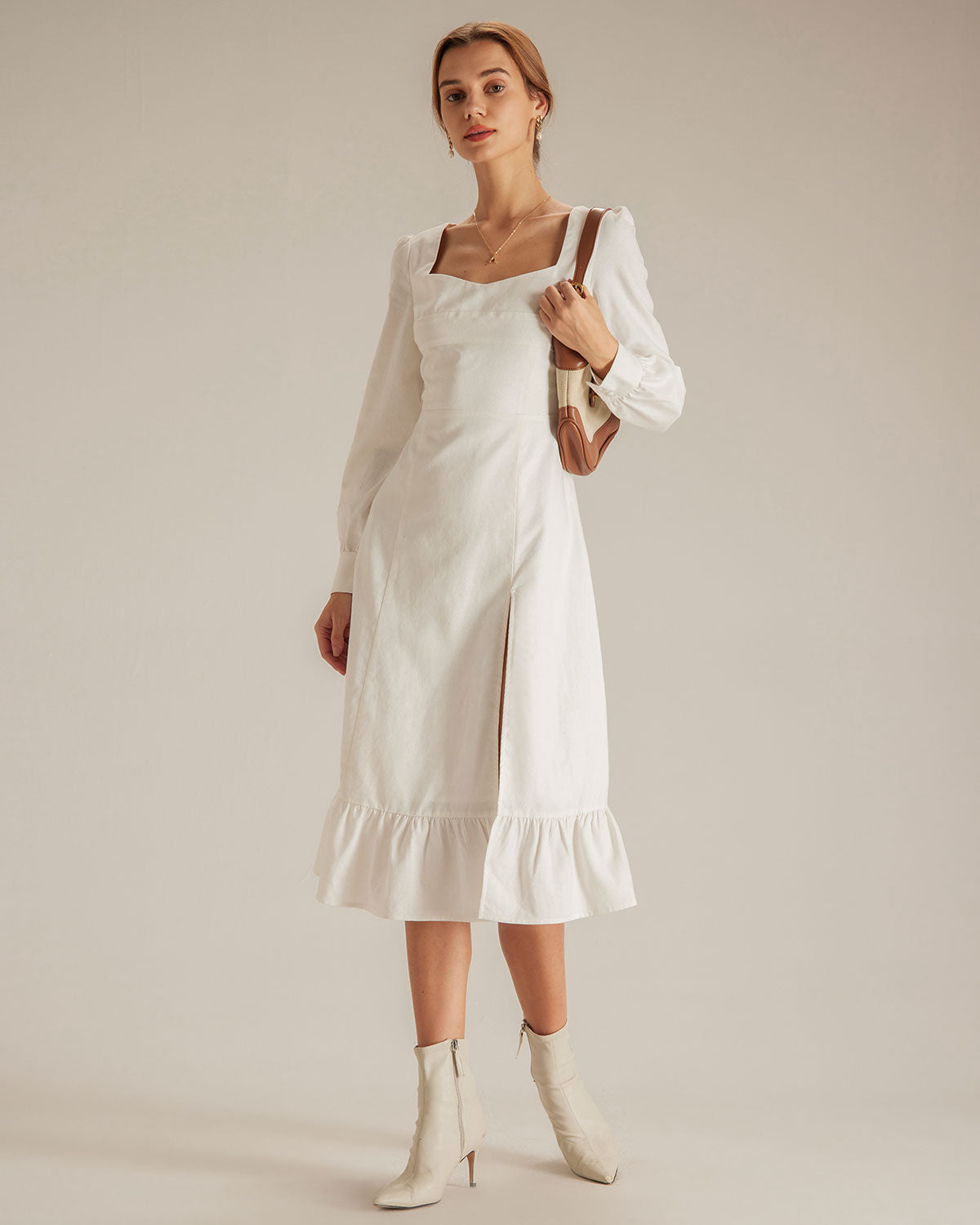 The White Sweetheart Neck Split Midi Dress
