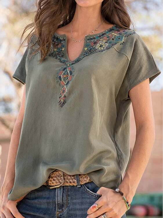 Boho Short Sleeve Embroidered V Neck Shirts Tops