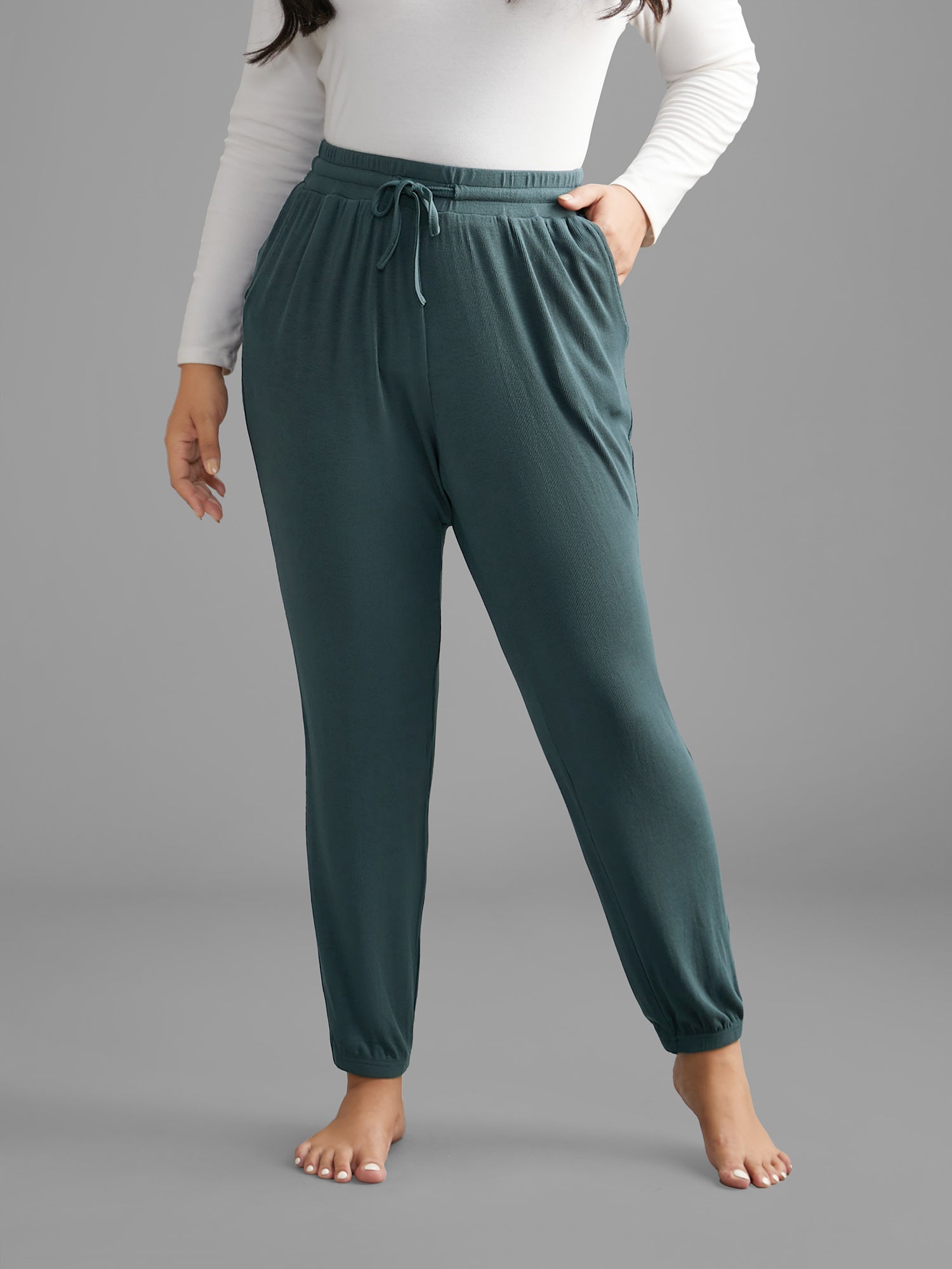 Solid Rib Knit Drawstring Lounge Bottoms