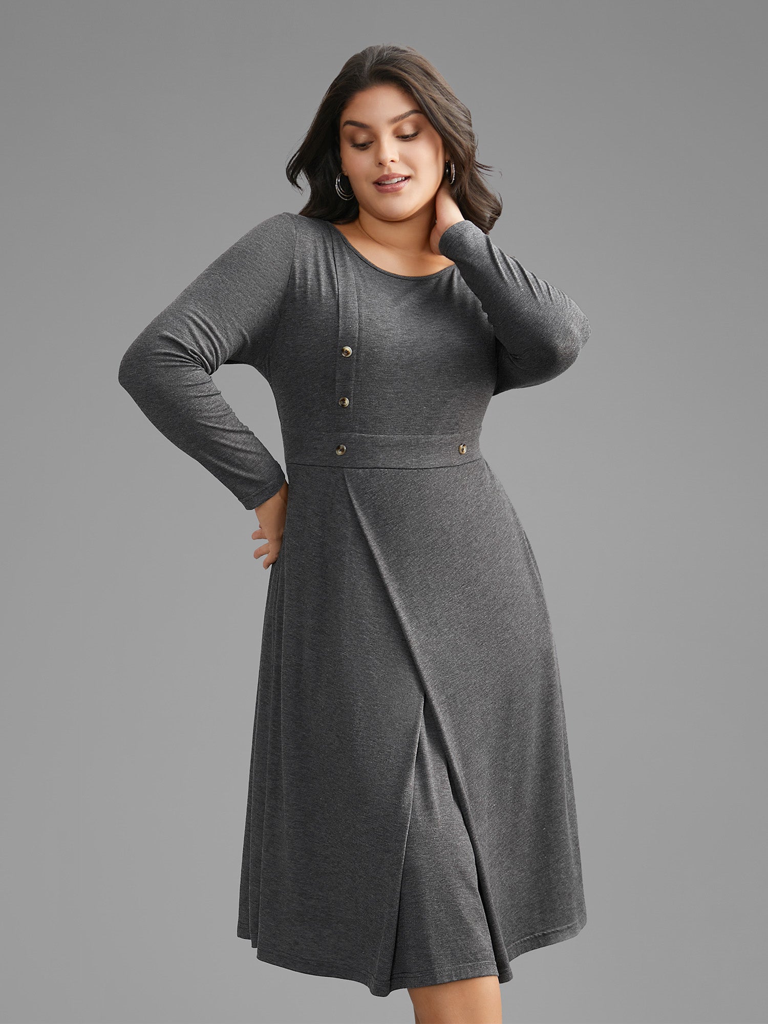 Solid Button Detail Wrap Hem Knit Dress