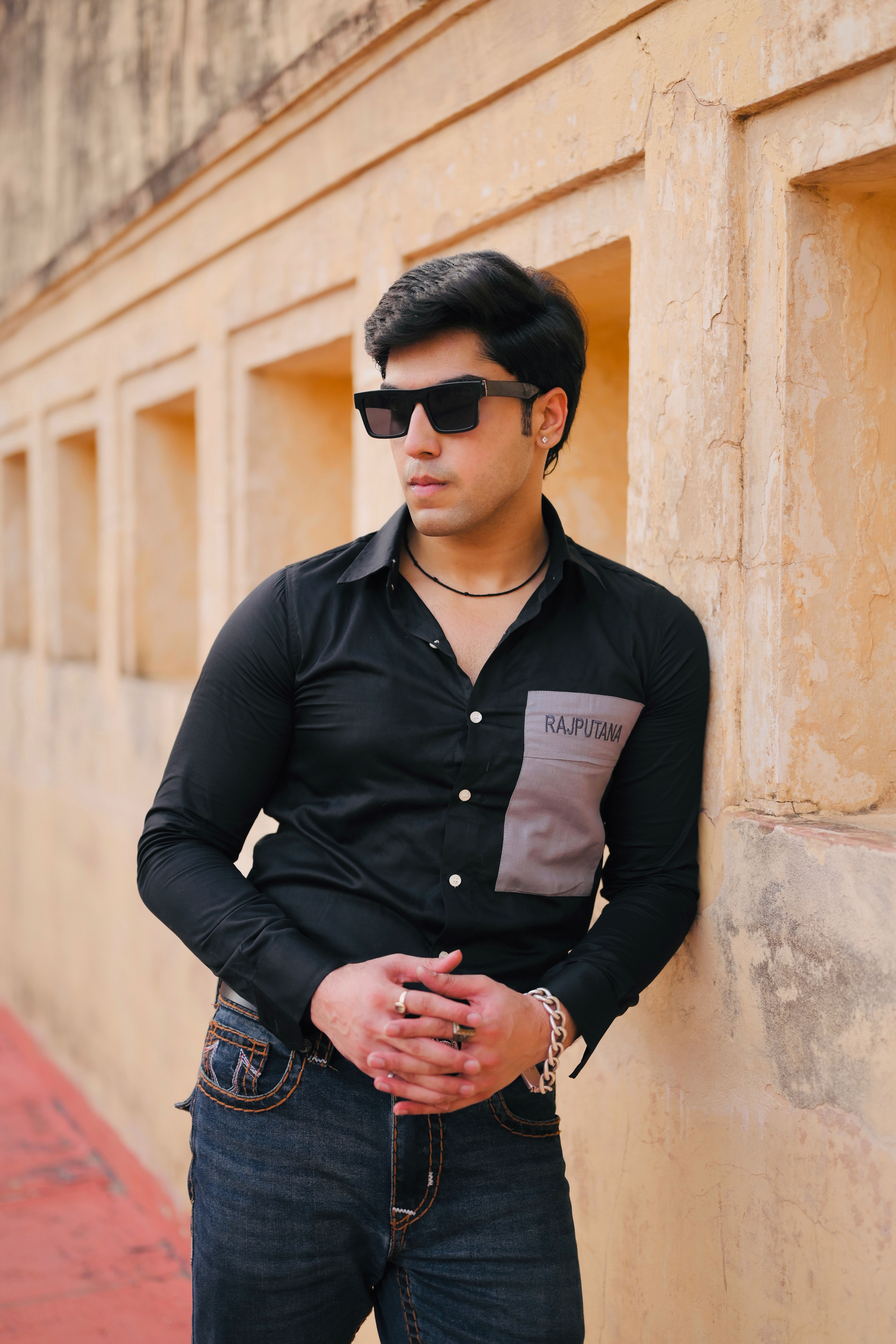 Jade Black Premium Rajputana Shirt with Grey Patch Pocket