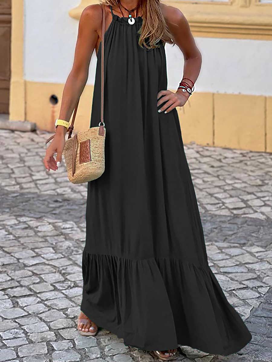 Fashion Temperament Solid Color Sleeveless Neck Long Dresses