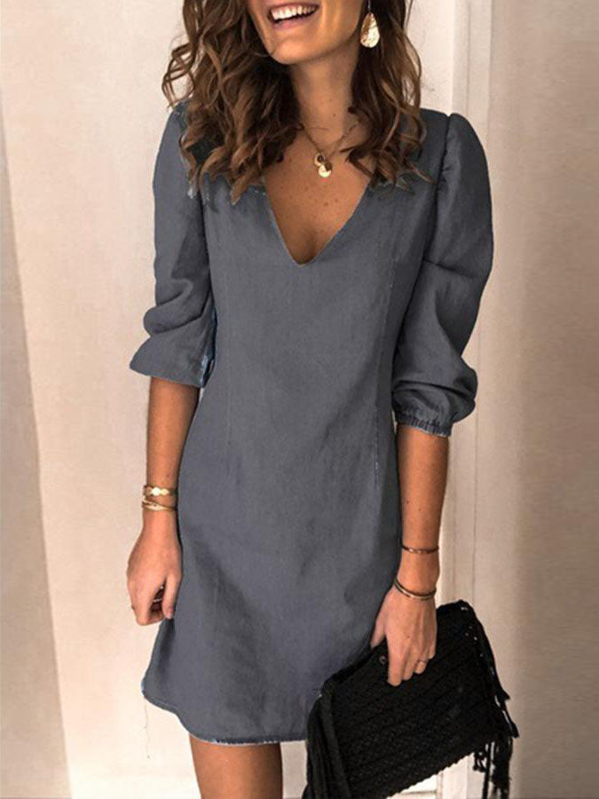 V-neck Half Sleeve Denim Mini Dress
