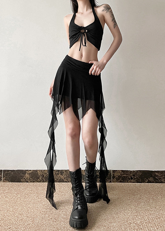 Slim Fit Black High Waist Tulle Patchwork Skirt