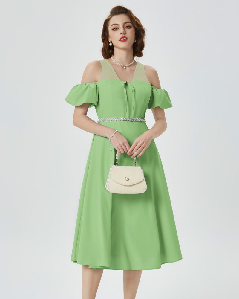 Vintage Cold Shoulder Dress Short Sleeve Mesh Patchwork A-Line Dress