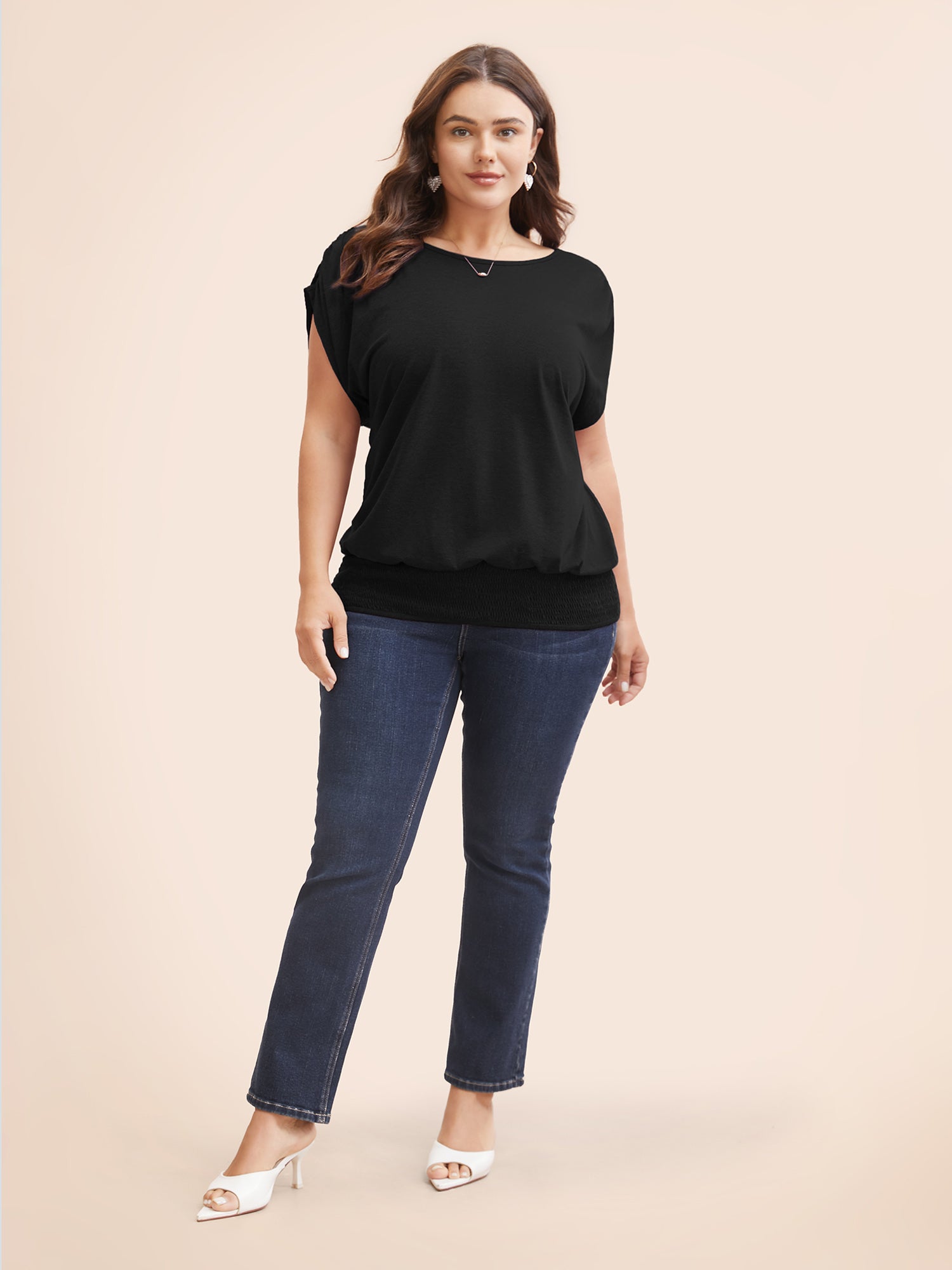 Solid Ruched Batwing Sleeve Shirred Hem T-shirt