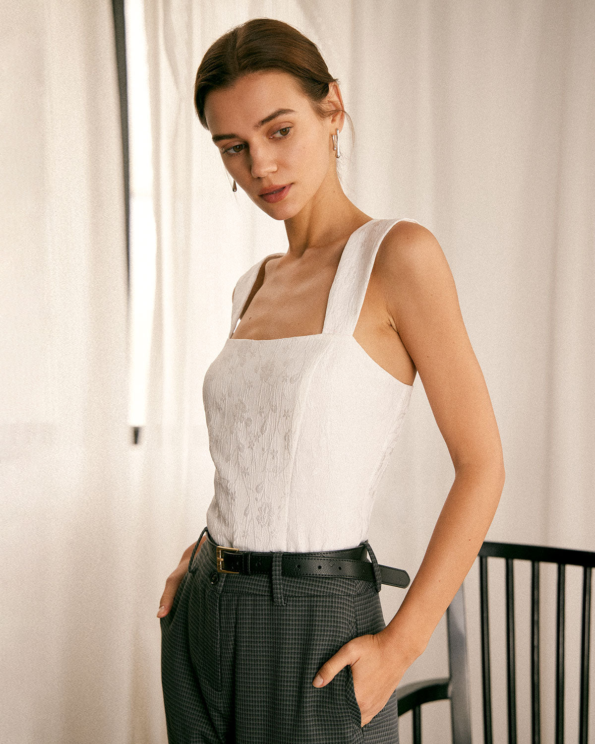 The White Square Neck Jacquard Tank Top