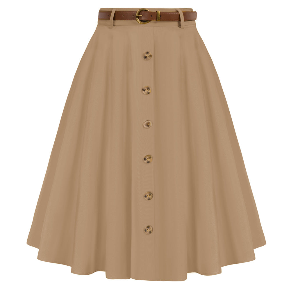 Swing Skirt with Belt Elastic High Waist Buttons Decorated Skirt