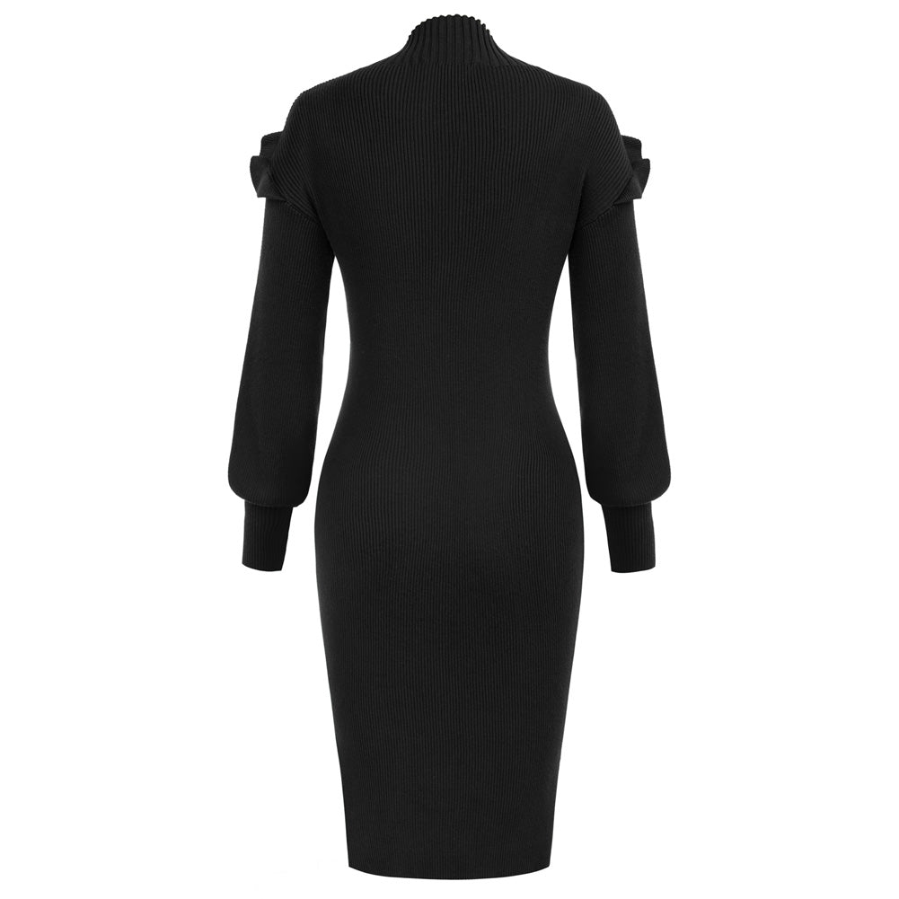 Seckill Offer⌛Side Slit Sweater Dress Dropped Shoulder Half High Neck Knitted Dress