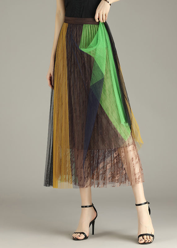 Yellow Green Lace Patchwork Tulle Pleated Skirt Summer
