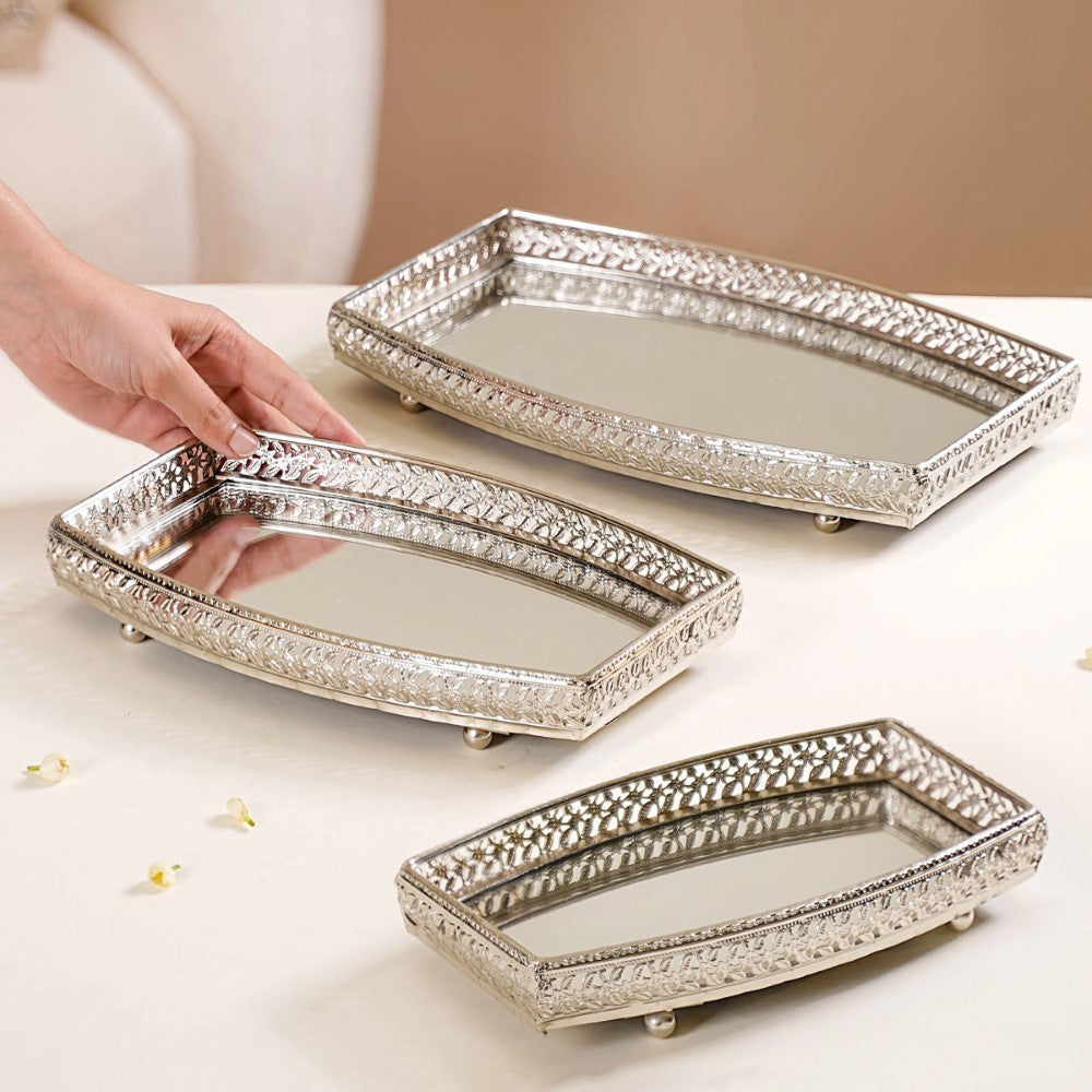 Luxury Mirror Tray Silver Set Of 3