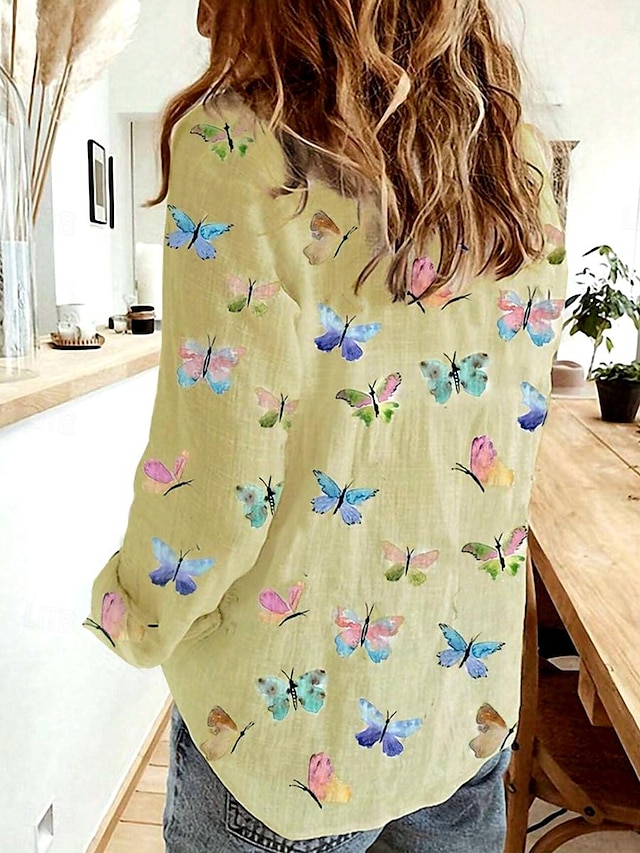 Women's Shirt Blouse Butterfly Print Daily Elegant Stylish Long Sleeve Shirt Collar White Spring Fall