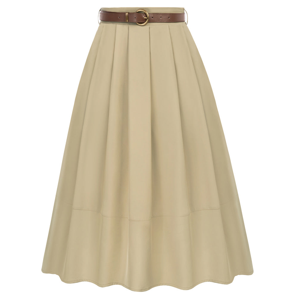 Pleated Swing Skirt with Belt Elastic High Waist A-Line Midi Skirt