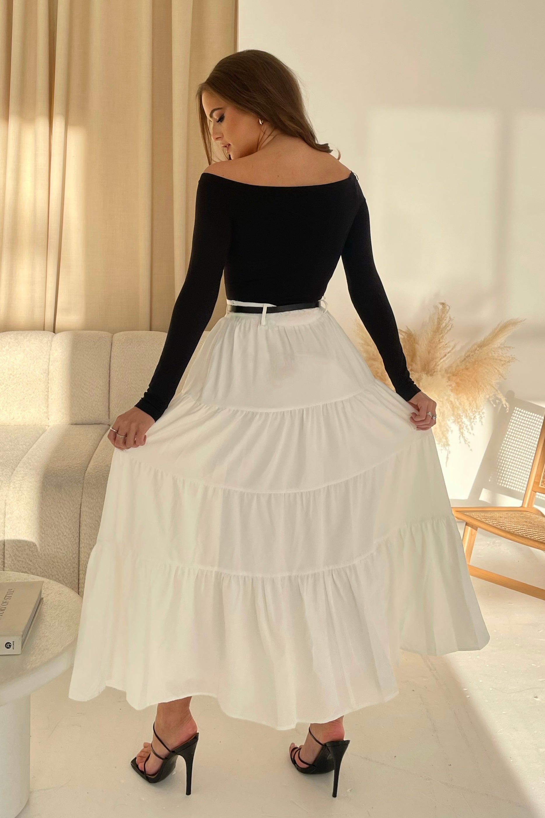 Catlin White Tiered Butterfly Belt Maxi Skirt