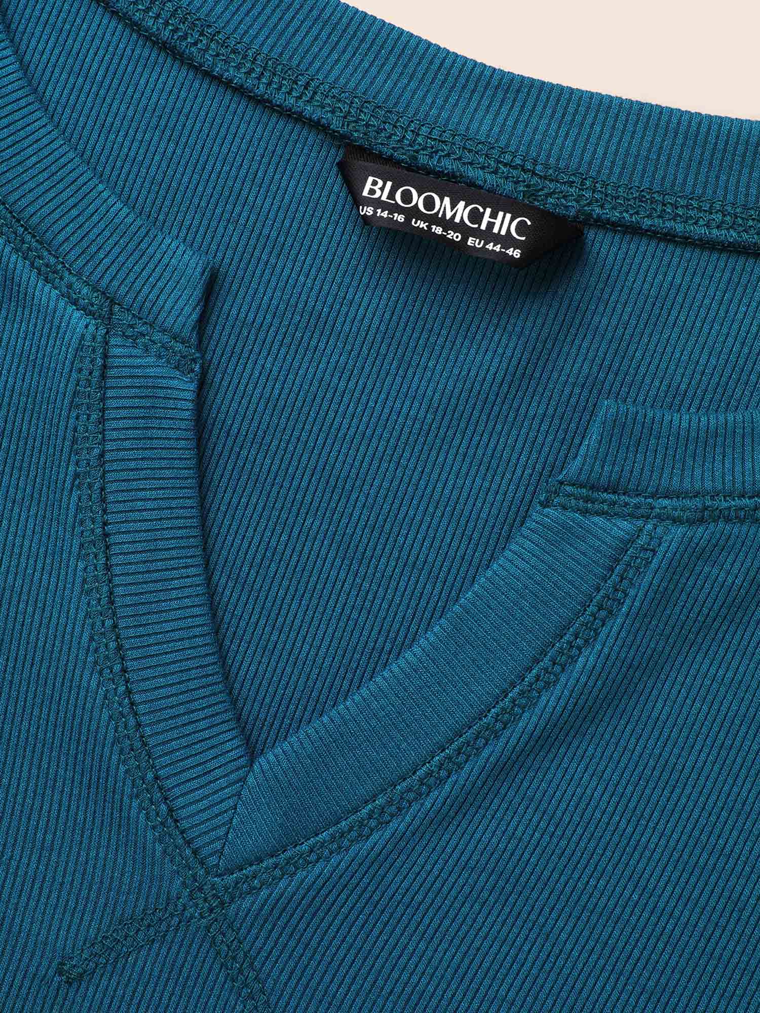 Solid Notched Collar Rib Knit T-shirt