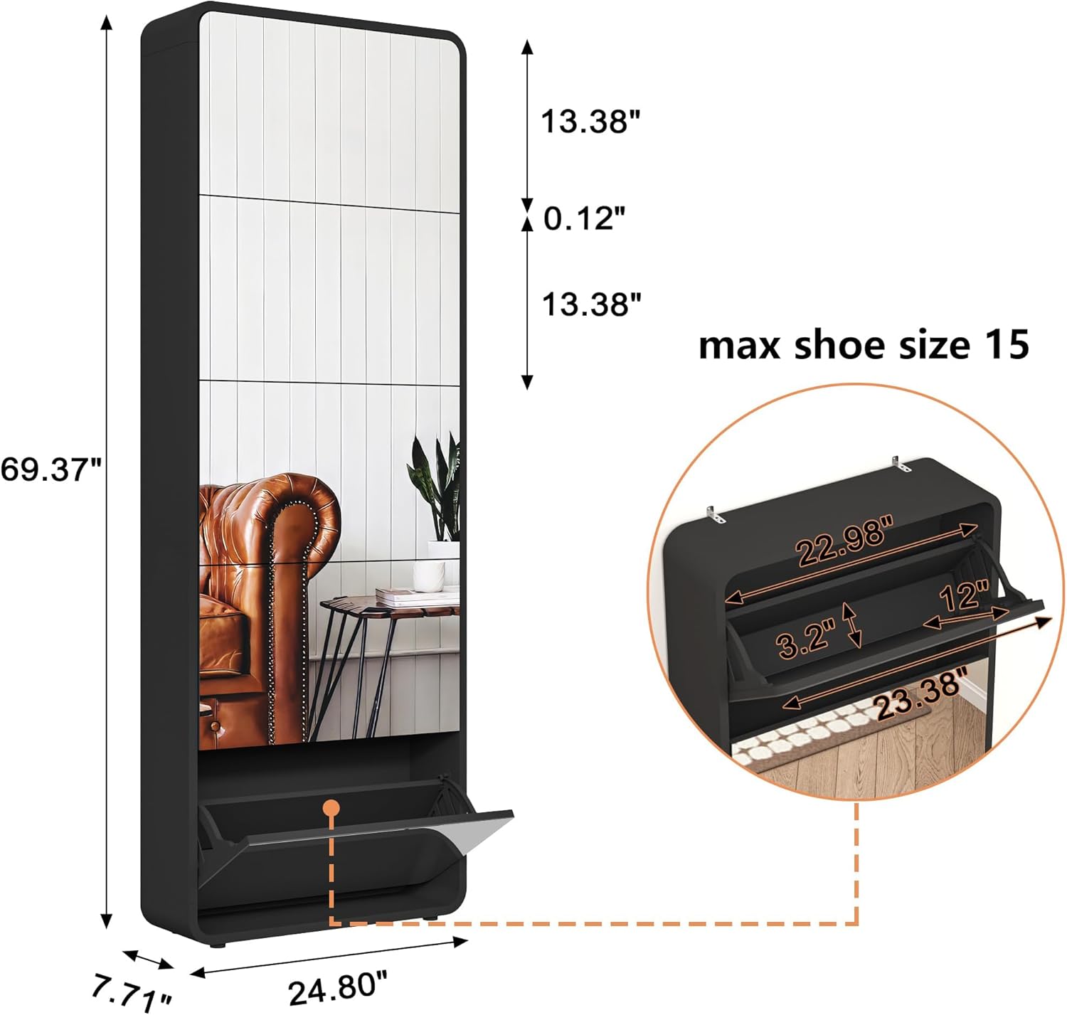 Entrance Shoe Locker, 5 Tier Full Length Mirror Shoe Organizer Wooden Narrow Shoe Cabinet, White Shoe Rack for Front Door Entrance Outdoor