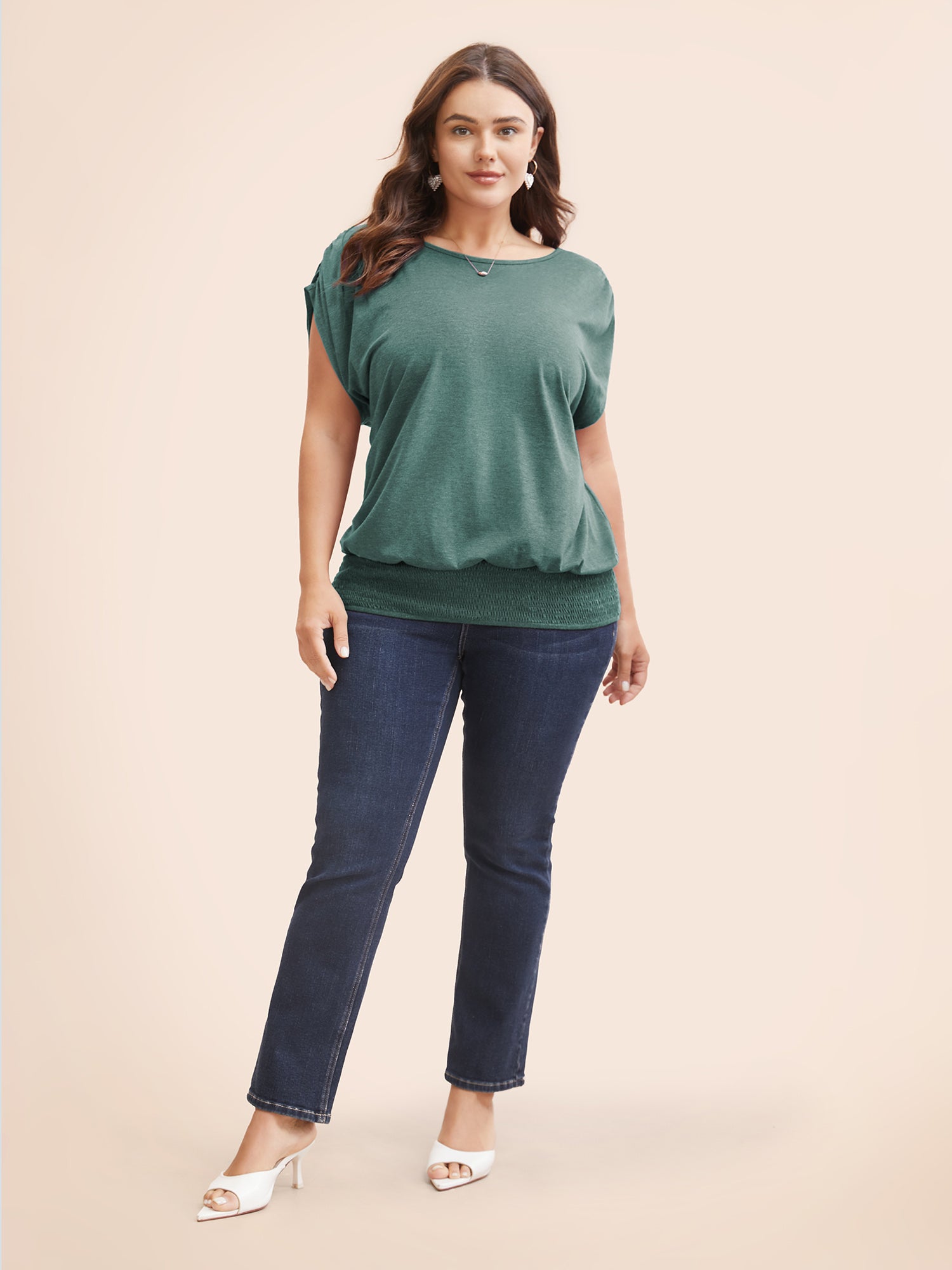 Solid Ruched Batwing Sleeve Shirred Hem T-shirt