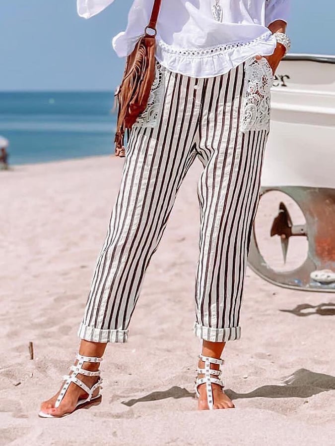 Women's Casual Striped Printed Lace Pocket Trousers