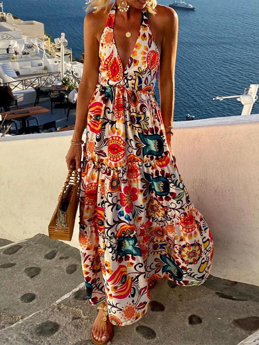 Sexy Vacation Print Backless Printing Halter Beach Dresses