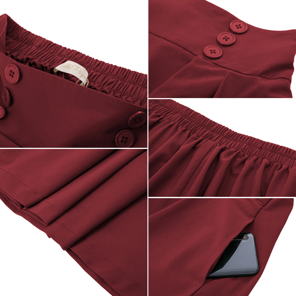 Cherry Patterns Pleated Buttons Decorated Elastic Waist High Waist Swing A-Line Skirt with Pockets