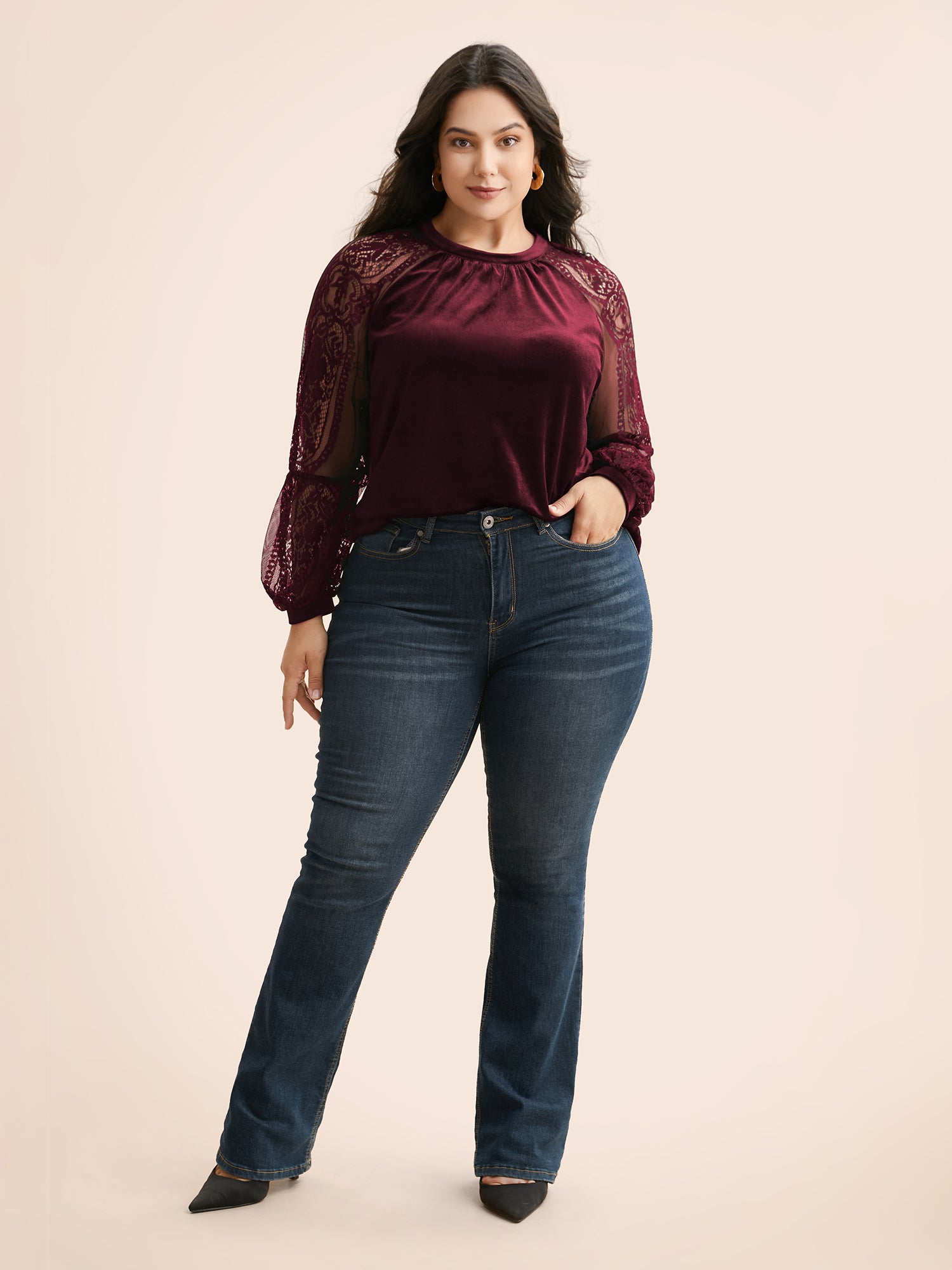 Lace Patchwork Velvet Raglan Sleeve Blouse