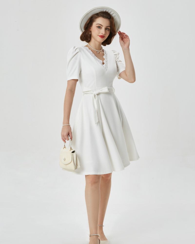 Tea Length Dress with Pockets Short Sleeve Tie Waist Dress V Neck A Line Dress