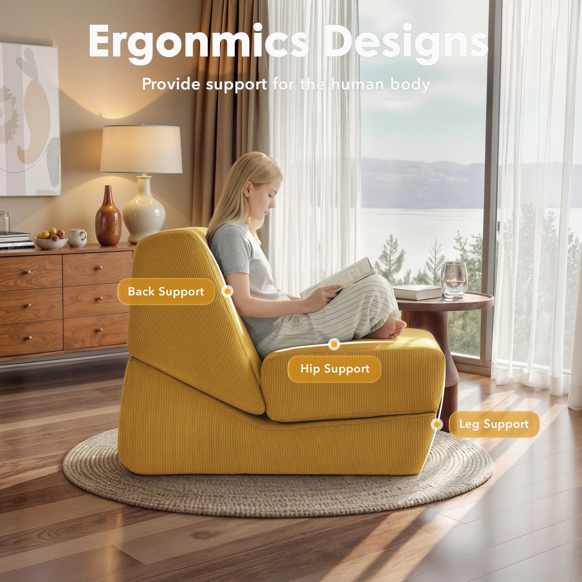 Folding Sofa Bed, 3 in 1 Convertible Sleeper Chair, Floor Couch with Back Support, Single Chair Bed for Living Room