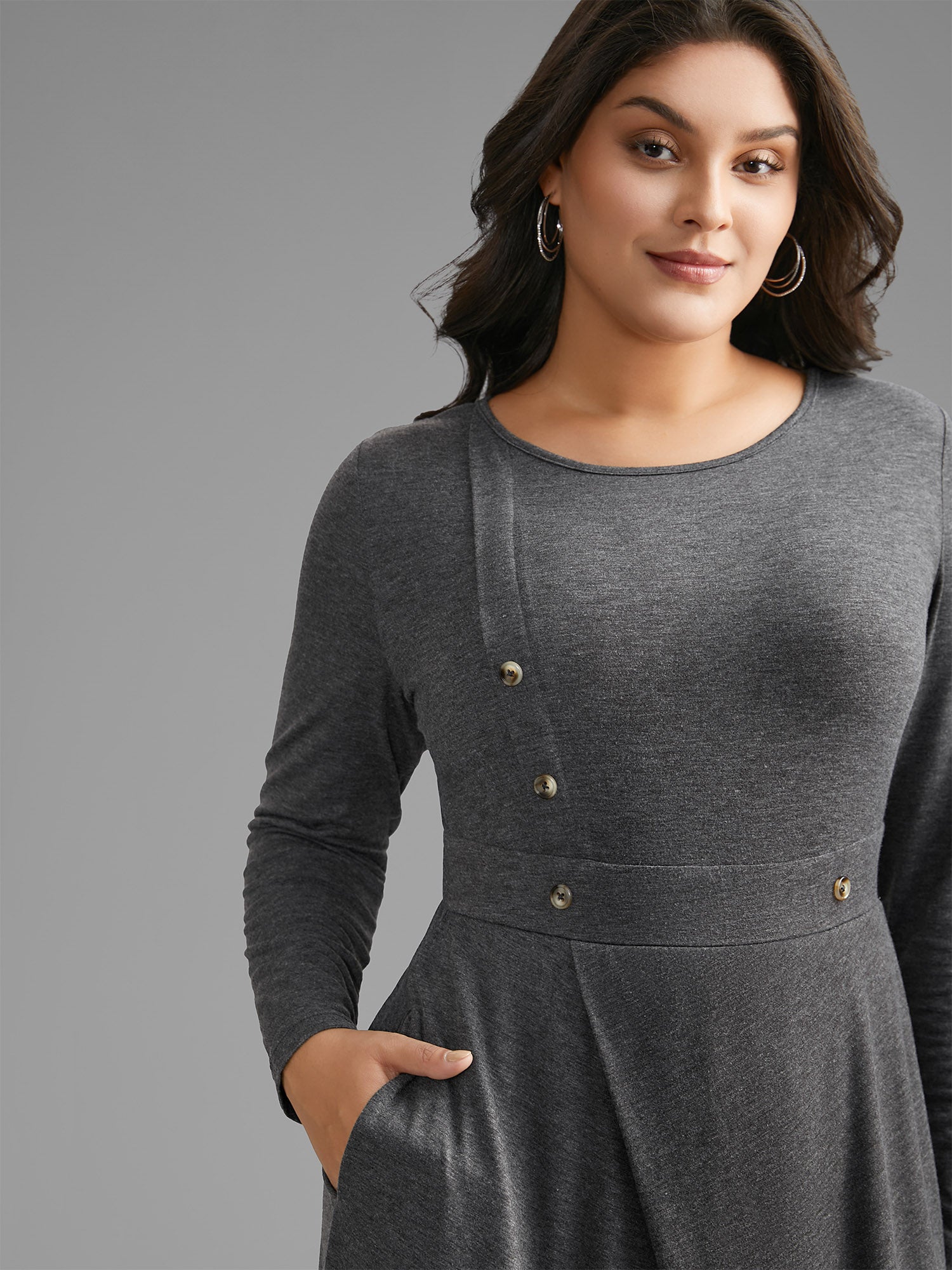 Solid Button Detail Wrap Hem Knit Dress