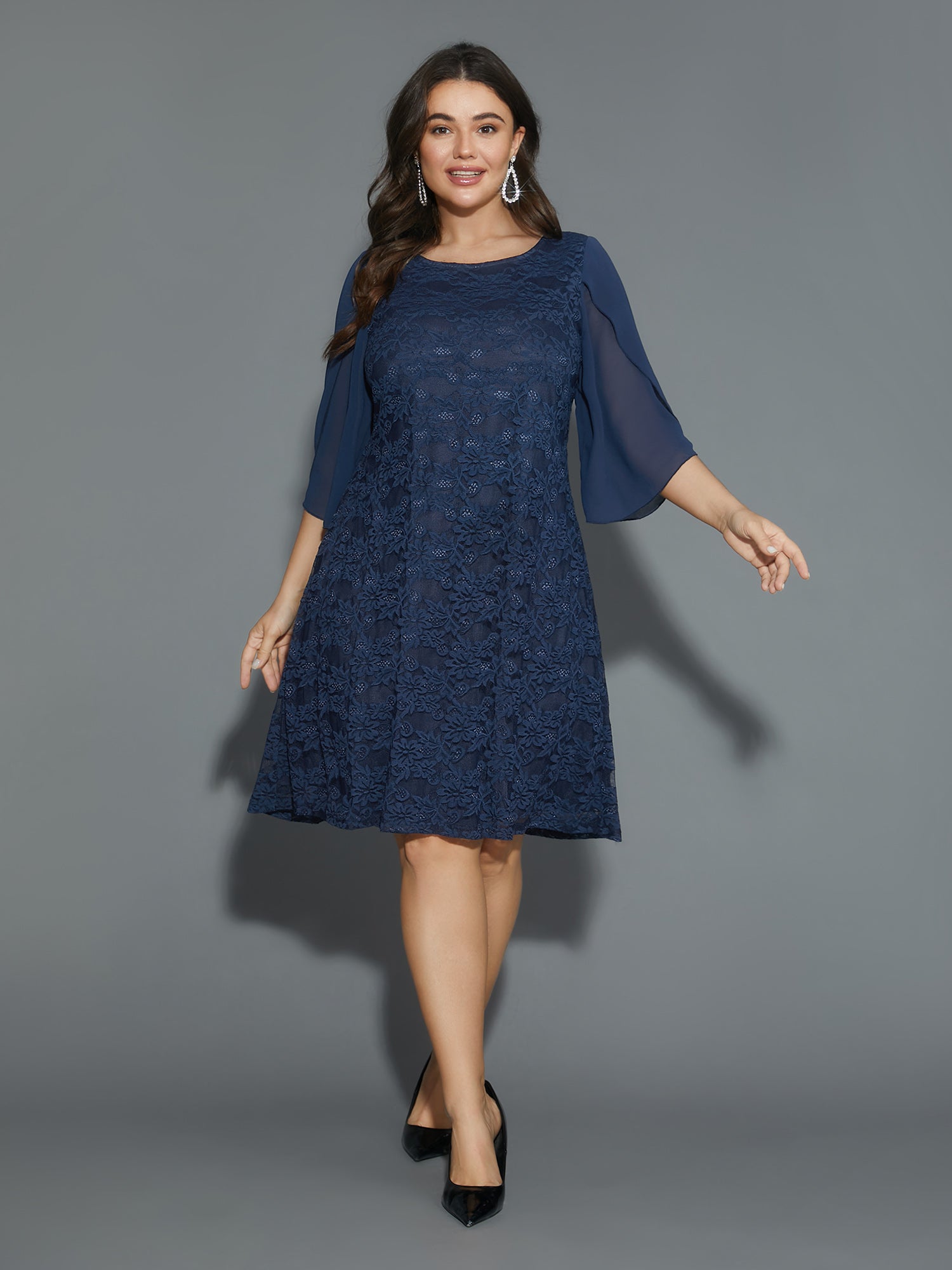 Textured Patchwork Petal Sleeve Dress