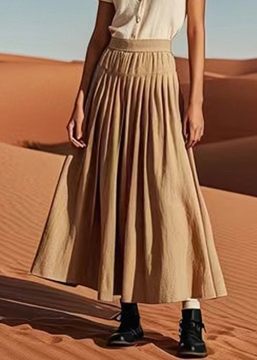 Khaki Wrinkled Elastic Waist Linen Skirt Summer