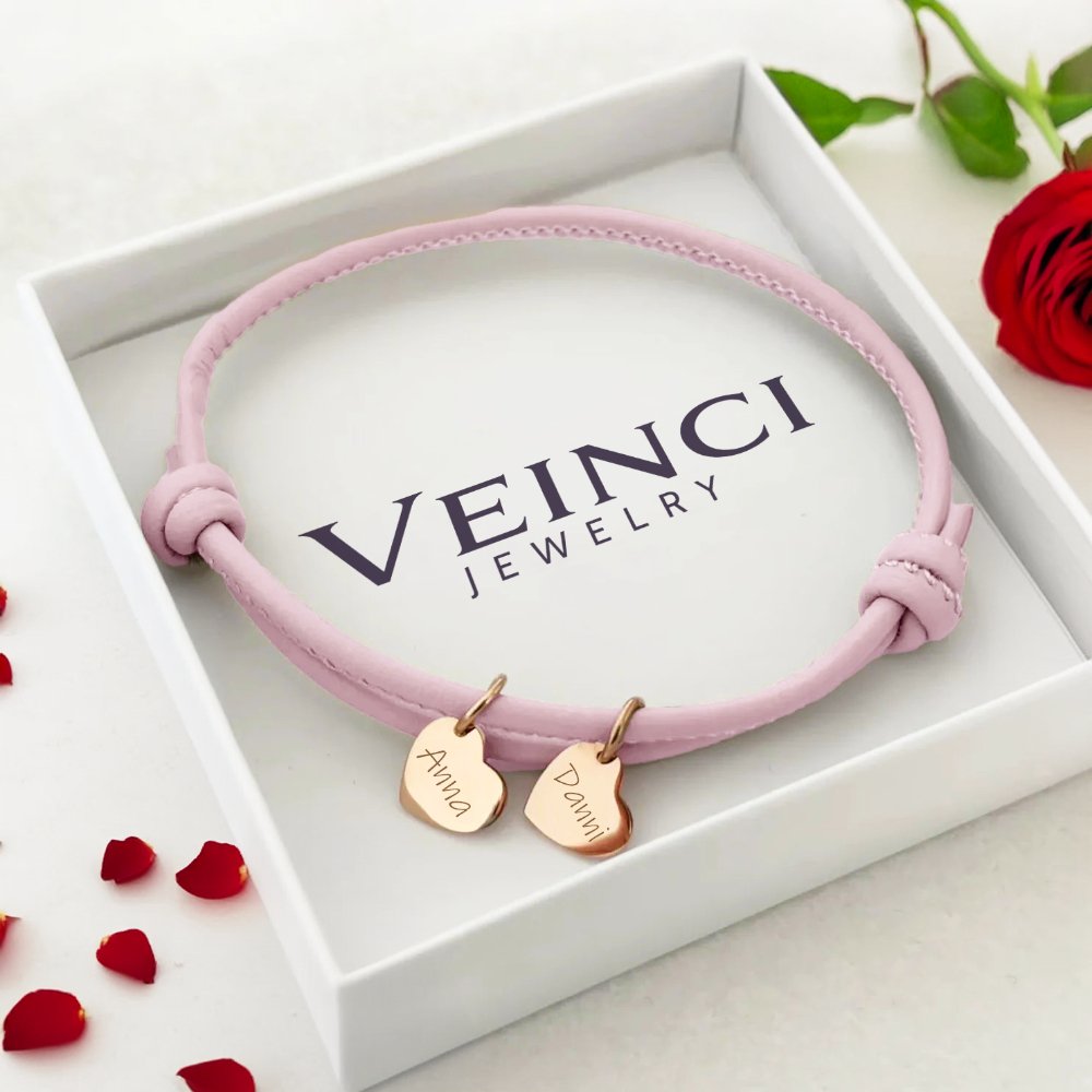18k Personalized Leather Heart Charm Bracelet