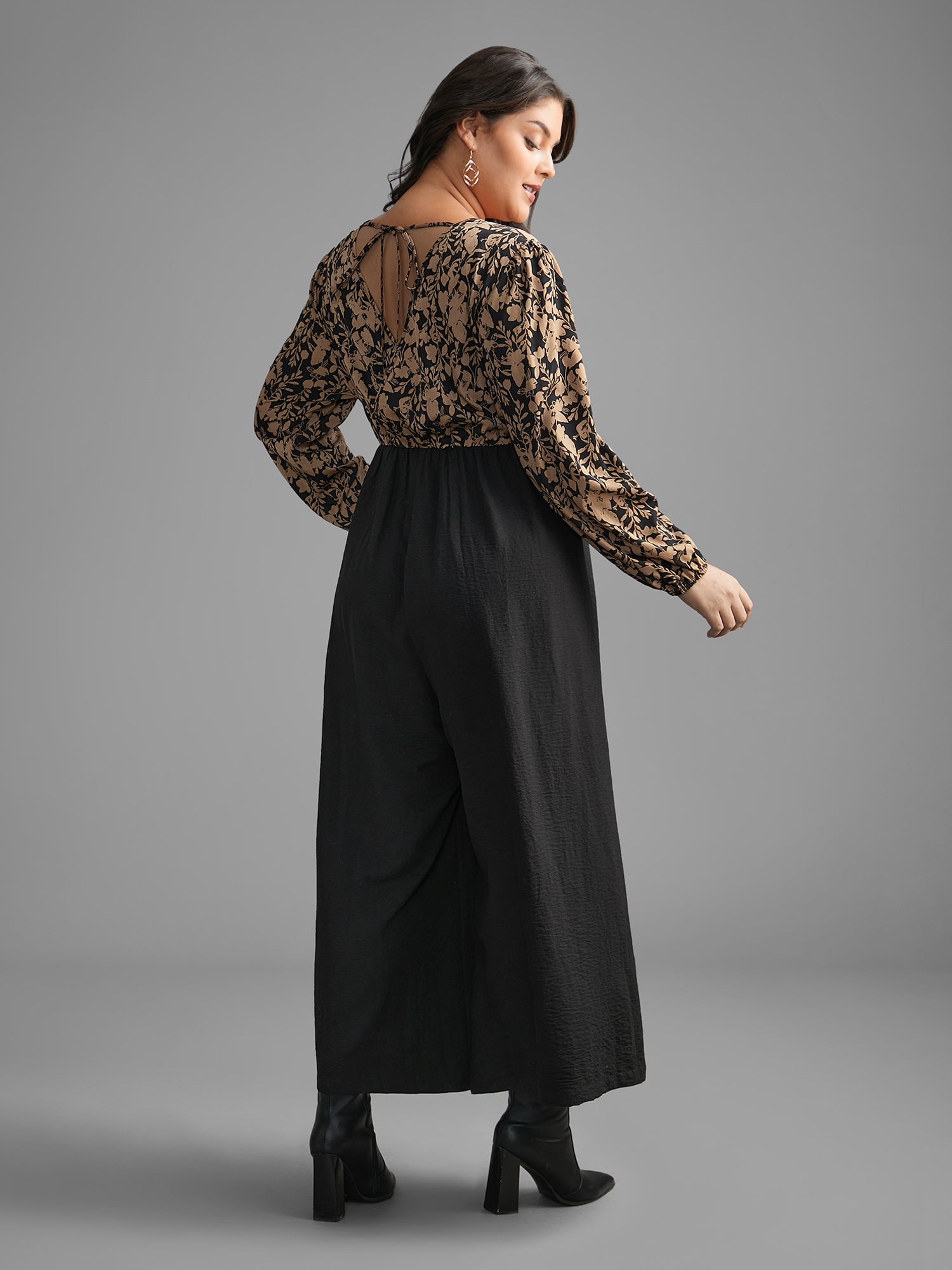 Silhouette Floral Print Patchwork Backless Jumpsuit