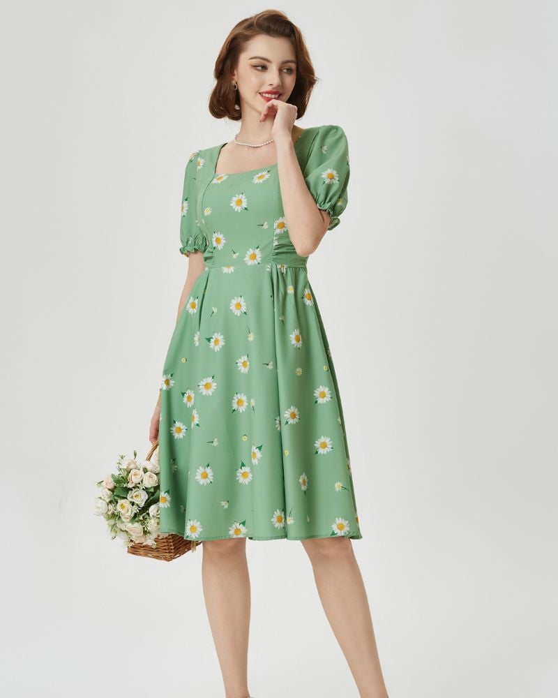 Vintage Floral Print Cocktail Dresses Square Neck Puff Sleeve Dress with Pockets