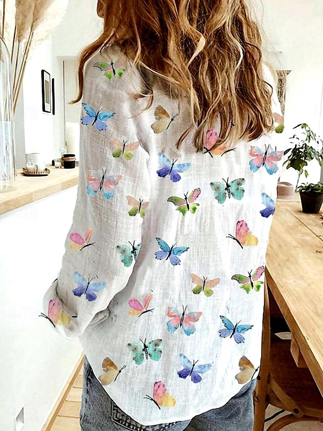 Women's Shirt Blouse Butterfly Print Daily Elegant Stylish Long Sleeve Shirt Collar White Spring Fall