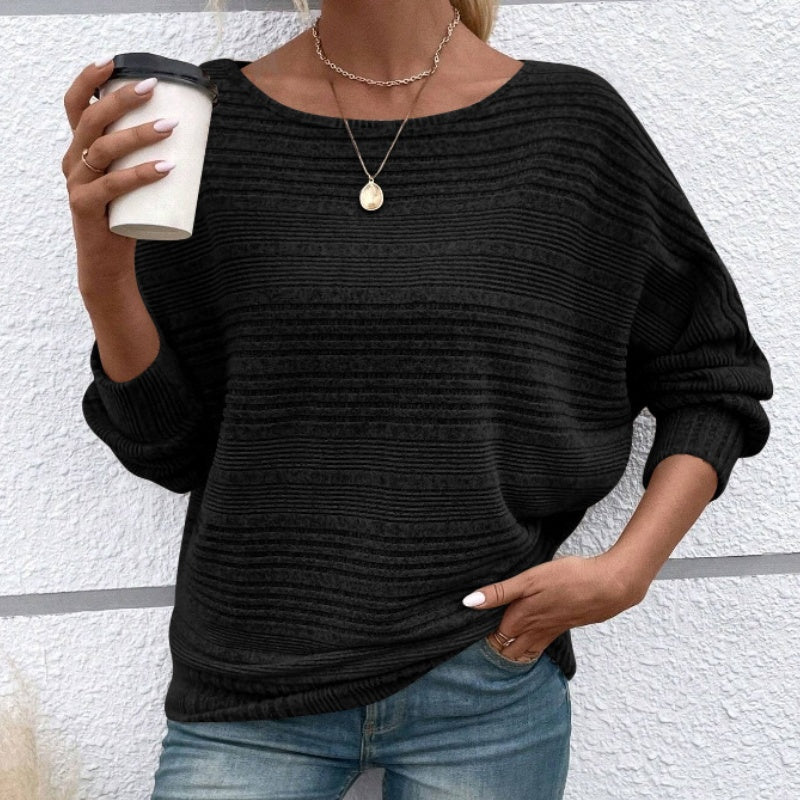 💜Solid Round-Neck Striped Top with Long Sleeves