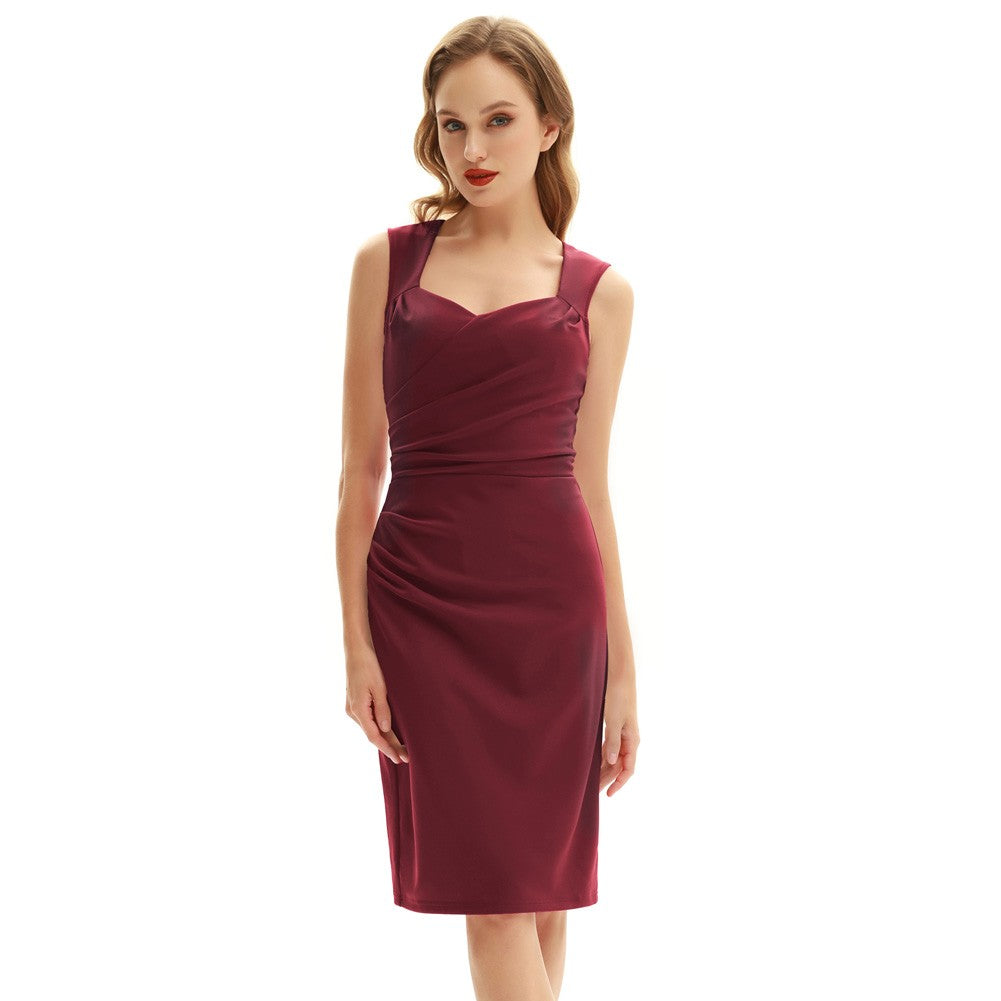 Vintage Ruched Bodycon Dress Sleeveless Surplice V-Neck Pencil Dress