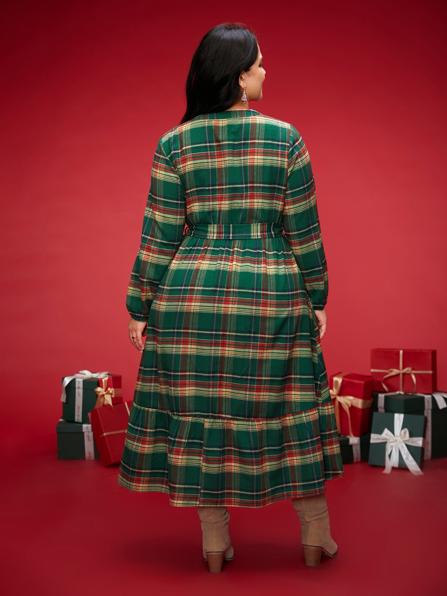 Festive Notched Collar Plaid Dress