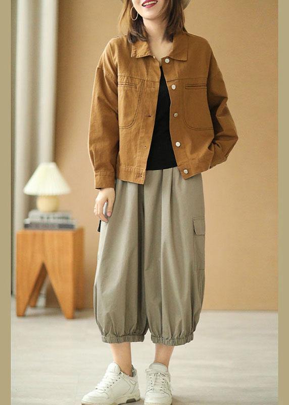 Plus Size Brown Peter Pan Collar Pockets Button Fall Coats Long Sleeve