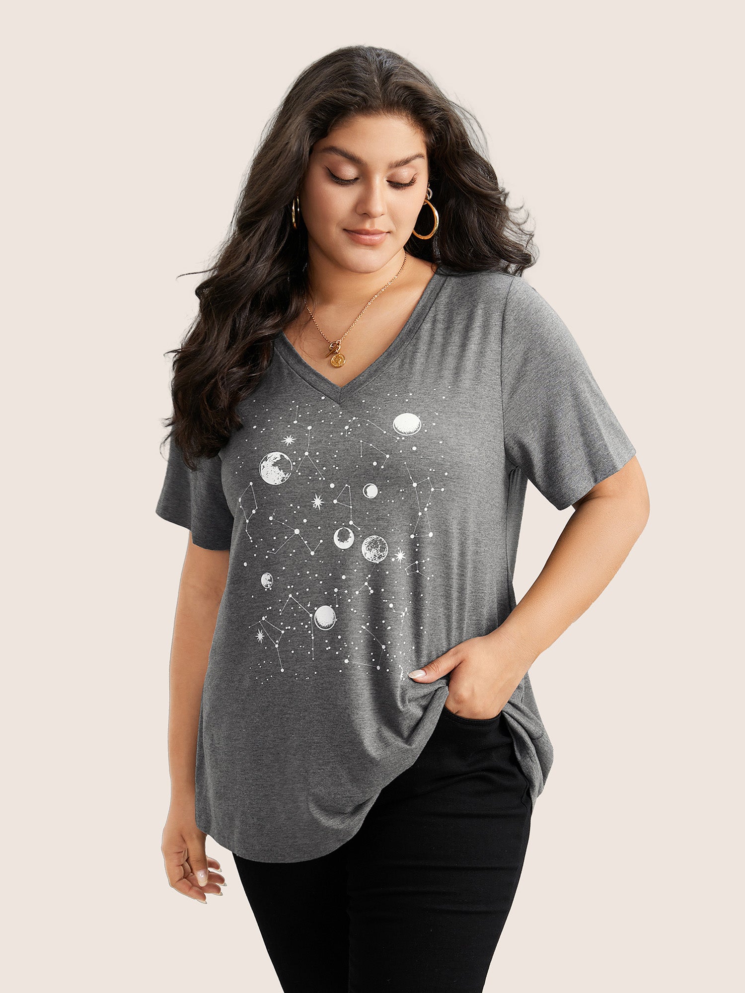 Moon and Star Print V Neck T-shirt