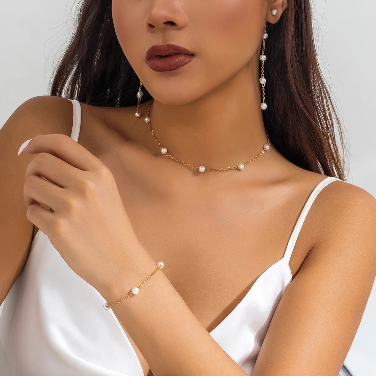 Dainty Chain Pearl Bracelet. Necklace. and Earring Set