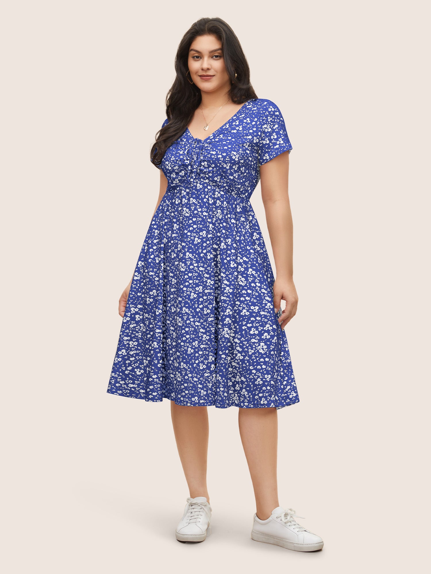 Ditsy Floral Elastic Waist Knot Drawstring Dress