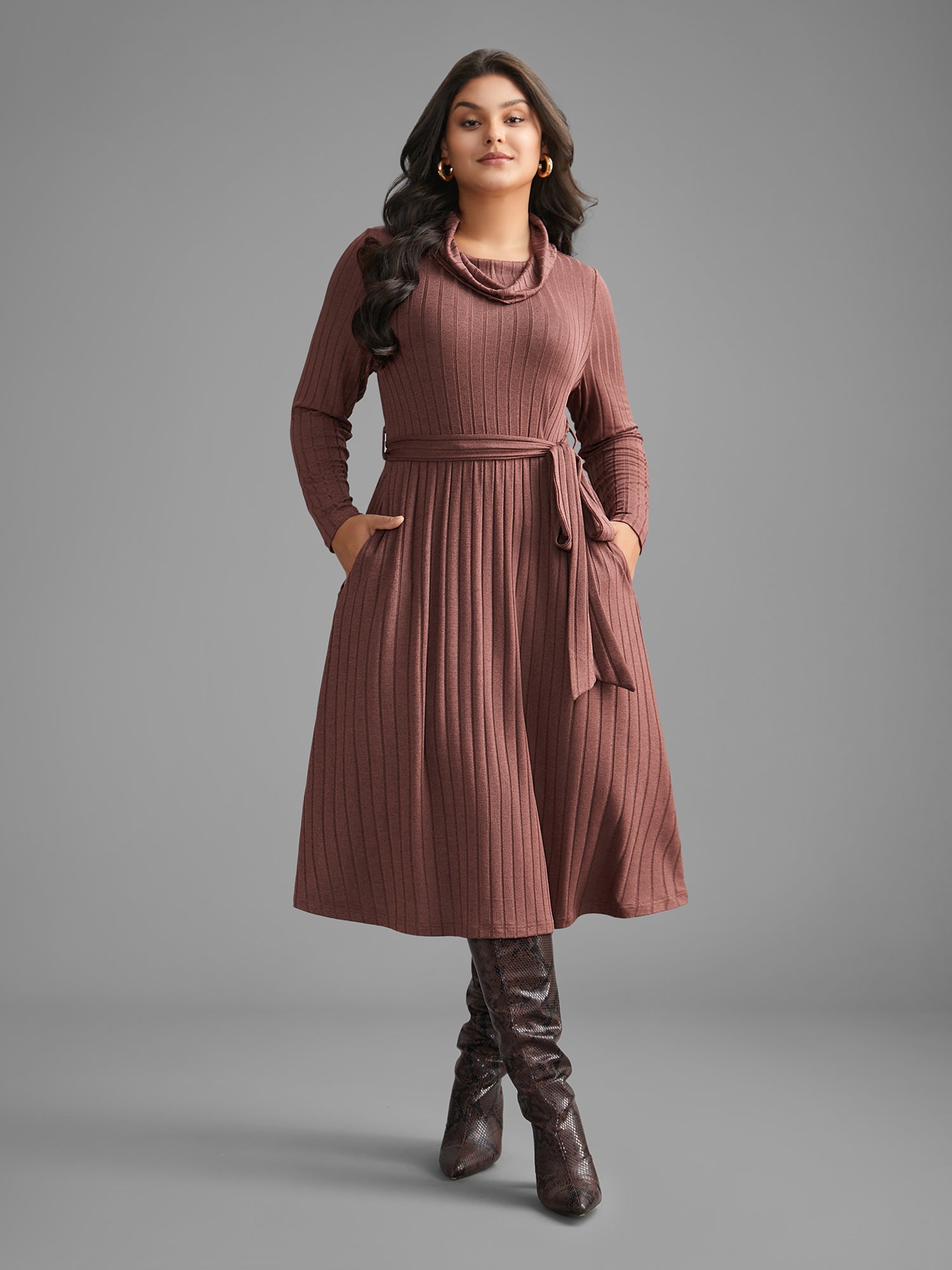 Pit Strip Turtleneck Belted Dress